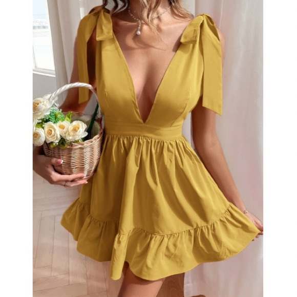 Boho tie shoulder ruffle hem dress yellow mustard - Picture 6 of 10